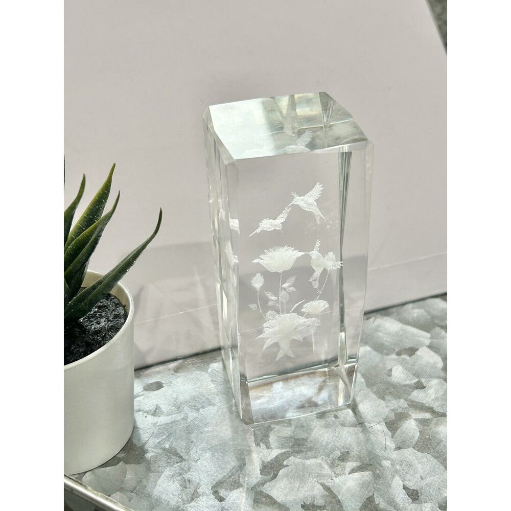 Laser Etched Crystal Glass Faceted Paperweight Holographic Floral Hummingbird 3D